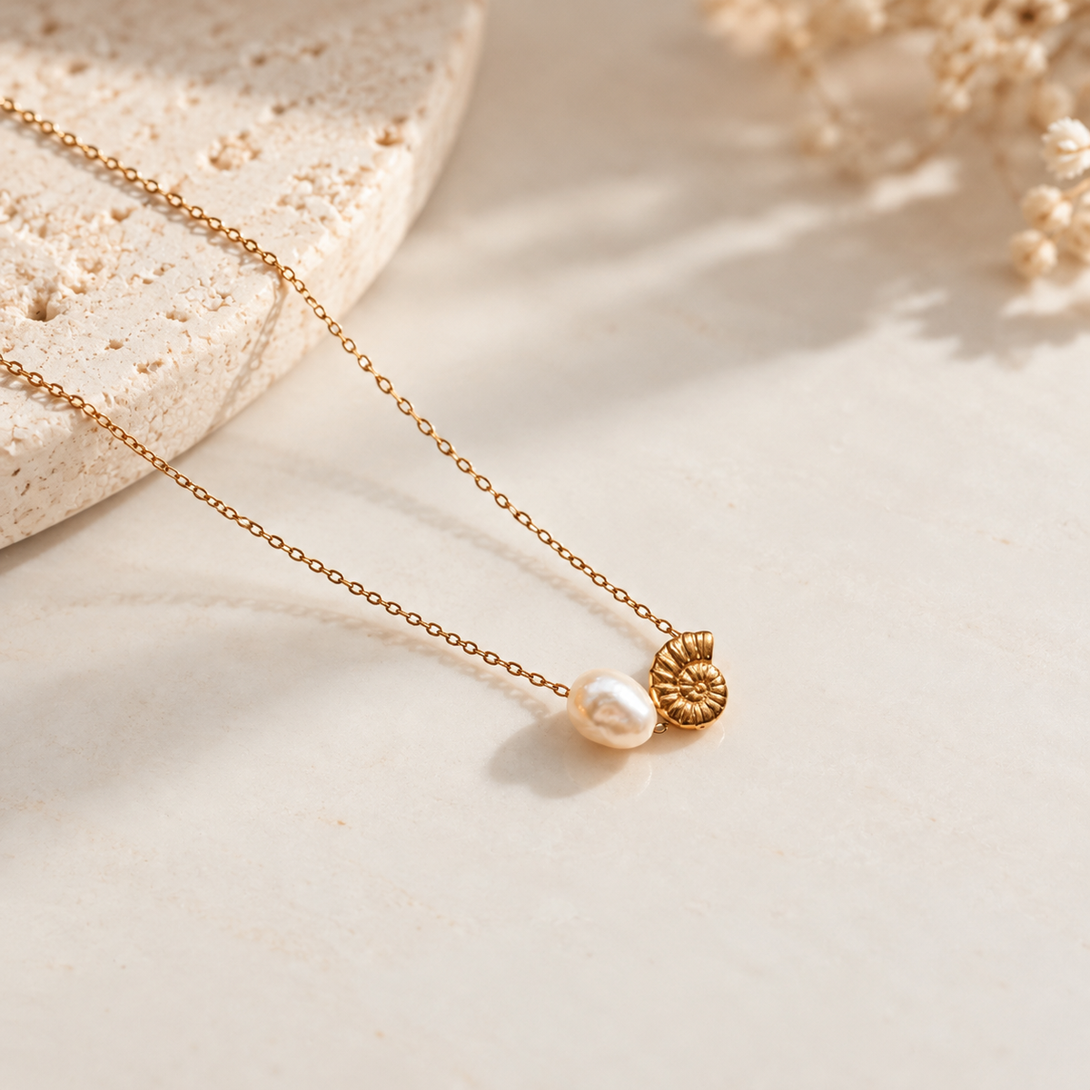 Gold Shell Pearl Necklace