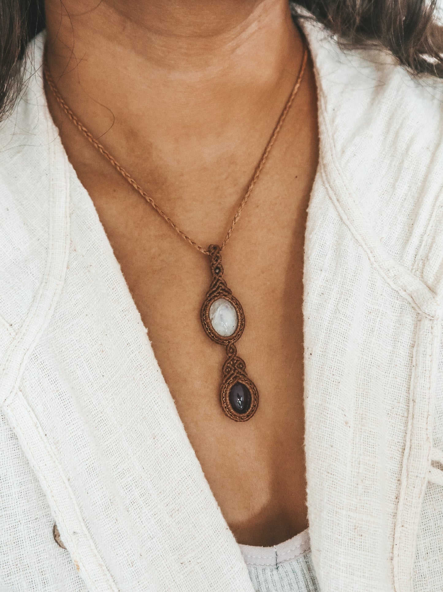 Moonstone and Amethyst Macrame Pendant