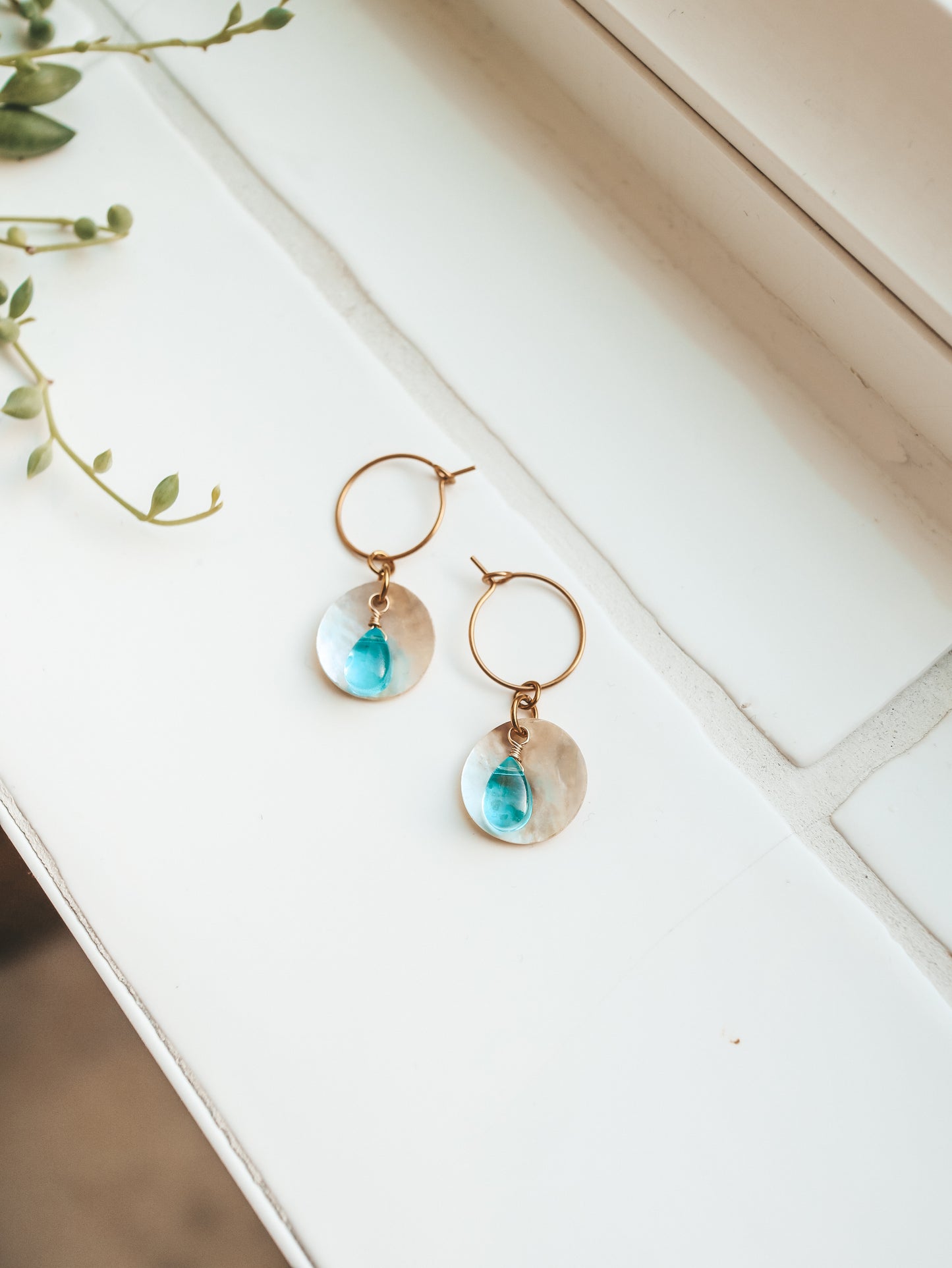 Ocean Breeze Akoya Shell with Glass Teardrop Hoop Earrings