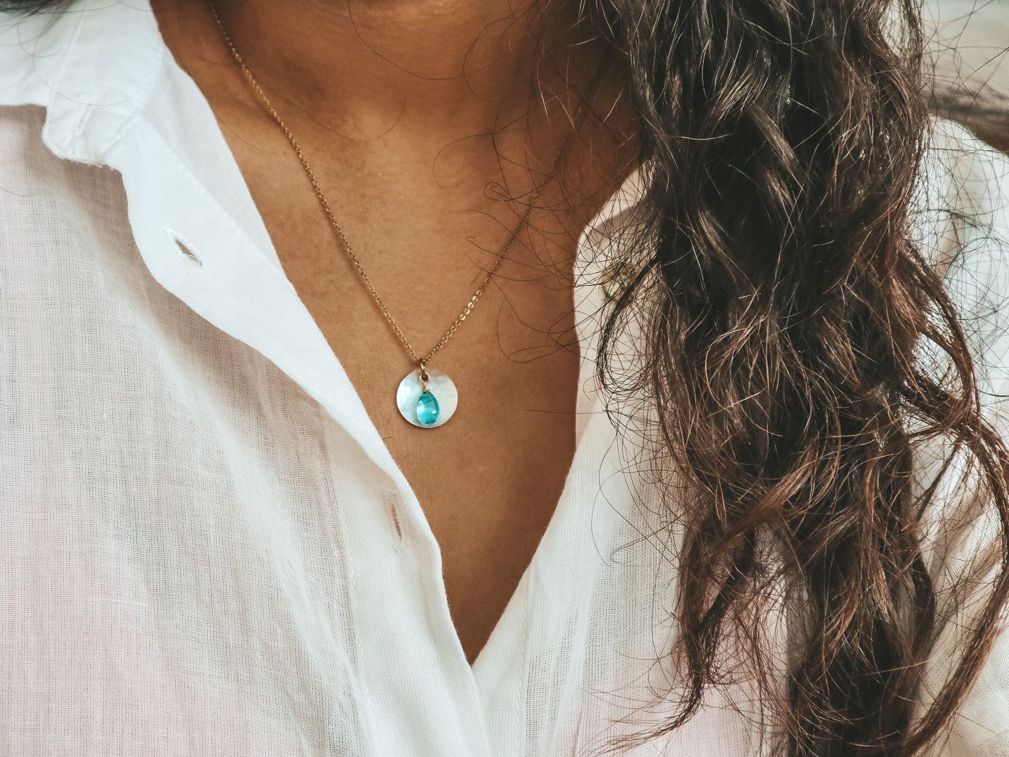 Ocean Breeze Glass Teardrop Akoya Shell Gold Necklace