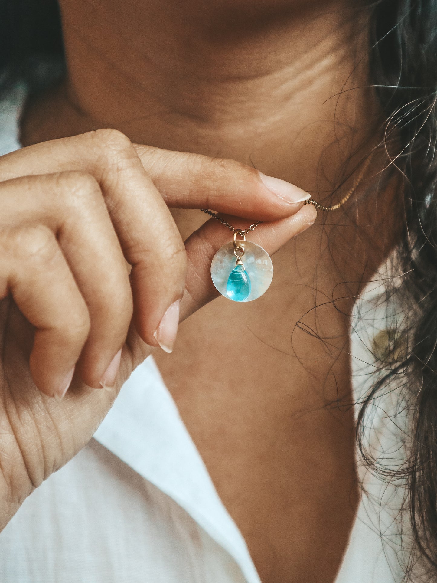 Ocean Breeze Glass Teardrop Akoya Shell Gold Necklace