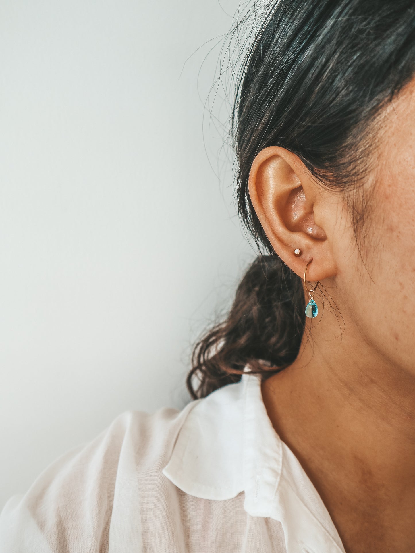 Blue Breeze Glass Teardrop Gold Hoop Earrings