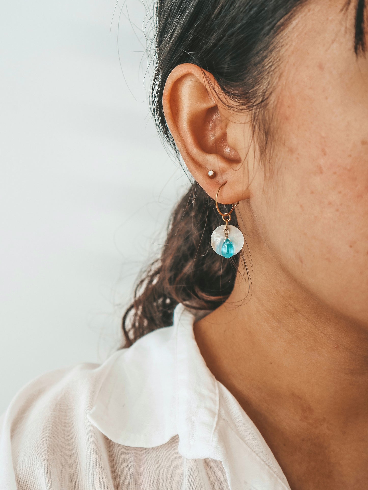 Ocean Breeze Akoya Shell with Glass Teardrop Hoop Earrings