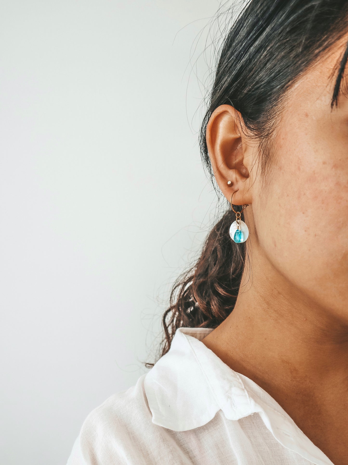 Ocean Breeze Akoya Shell with Glass Teardrop Hoop Earrings