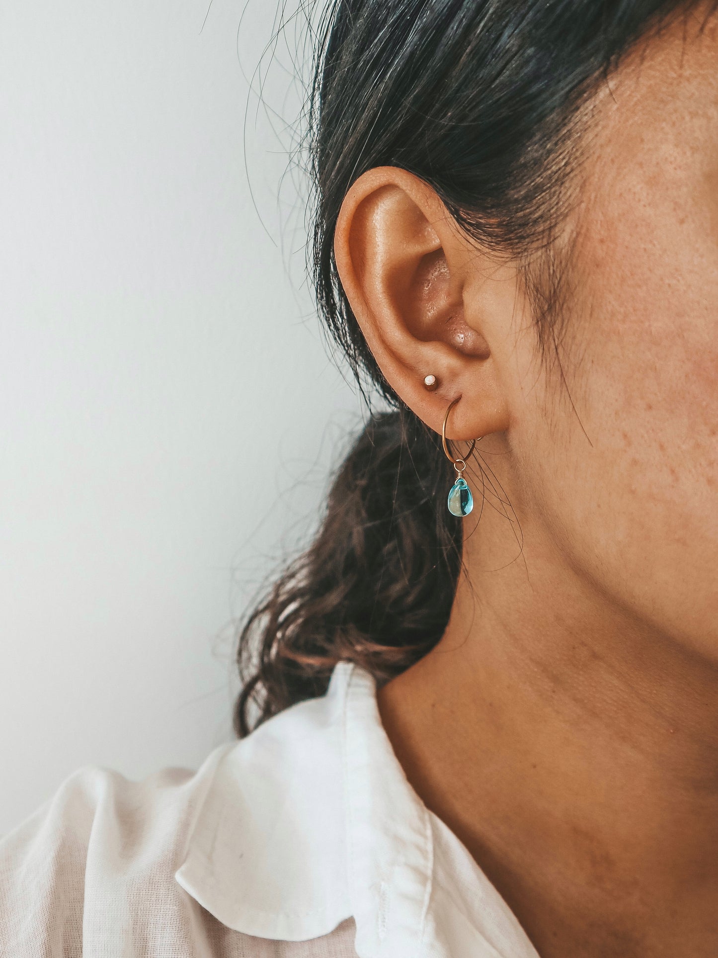 Blue Breeze Glass Teardrop Gold Hoop Earrings