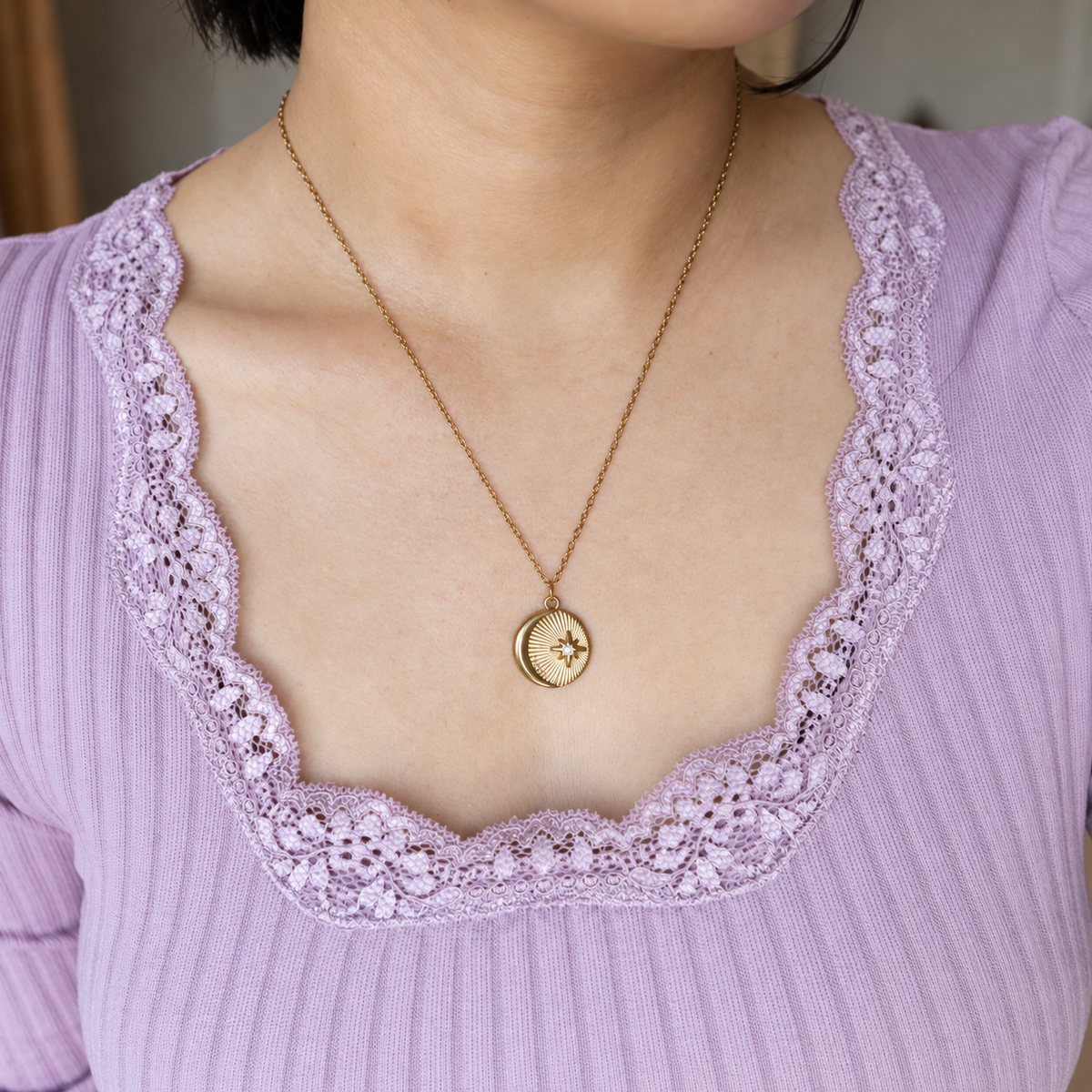 Gold Crescent Moon Star Necklace