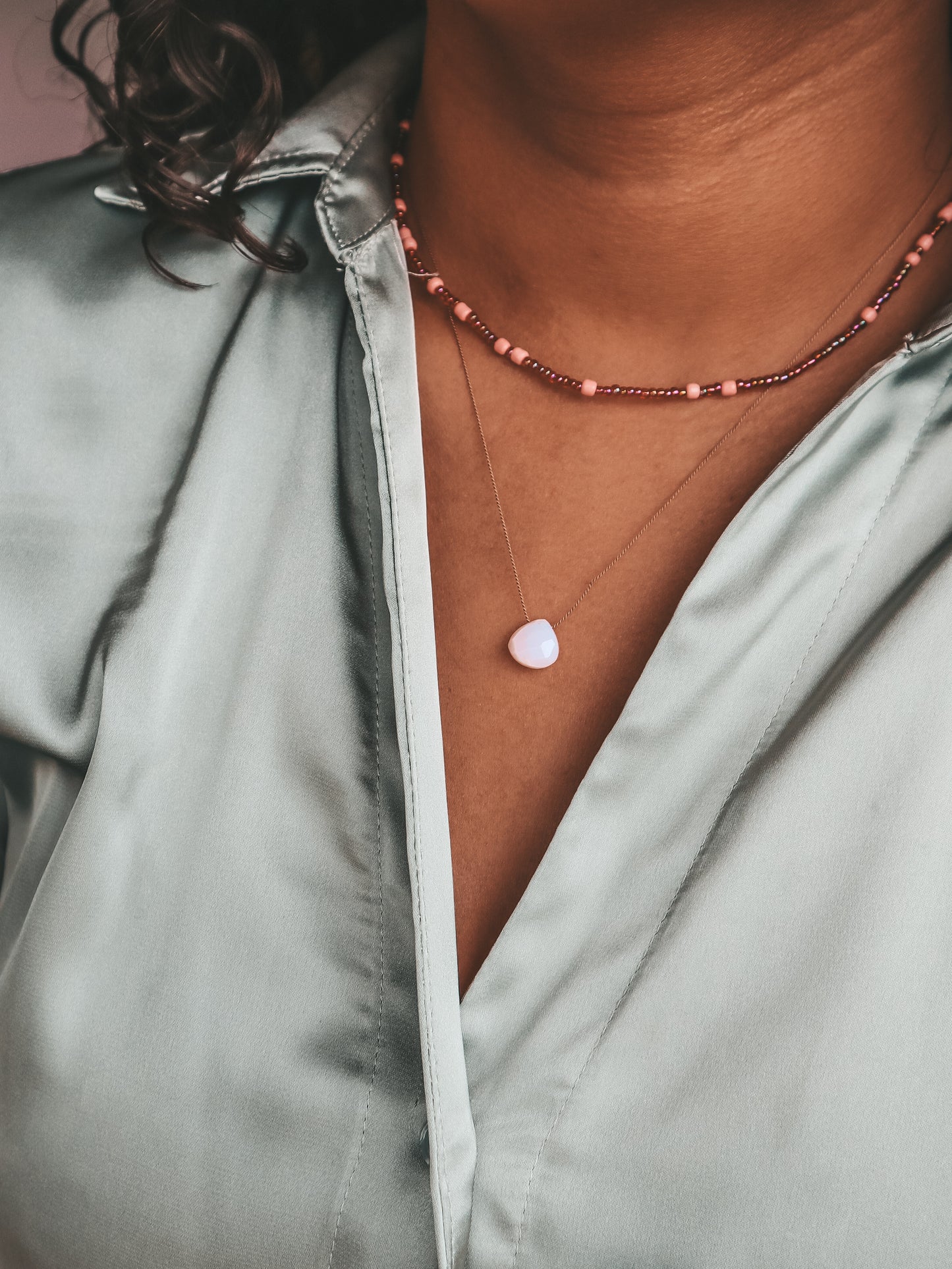 Pink Opal Silk Cord Necklace, October Birthstone