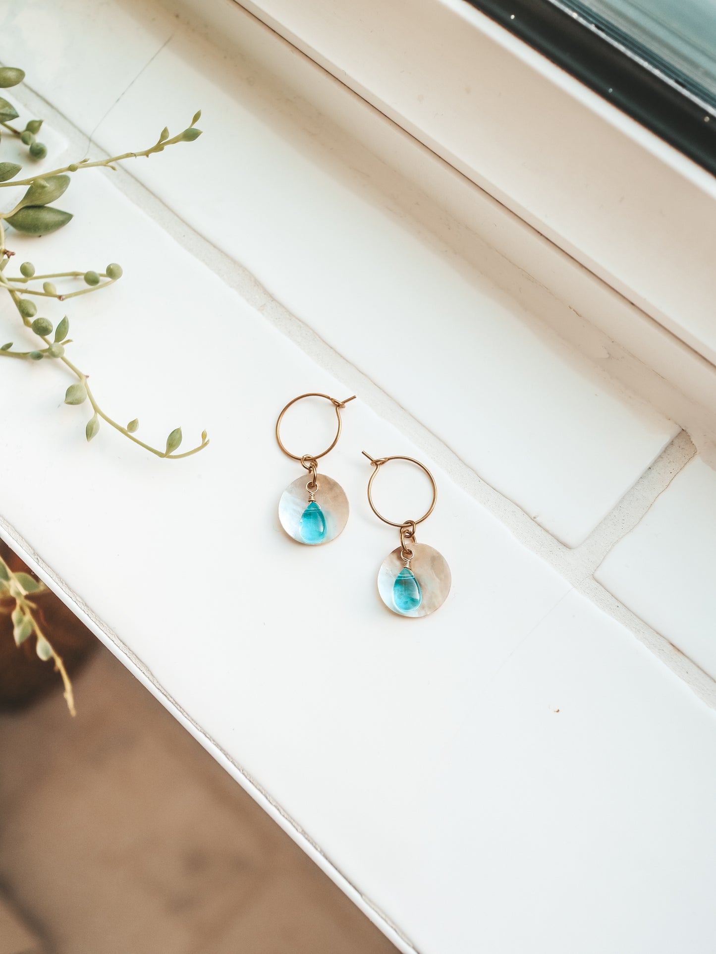 Ocean Breeze Akoya Shell with Glass Teardrop Hoop Earrings