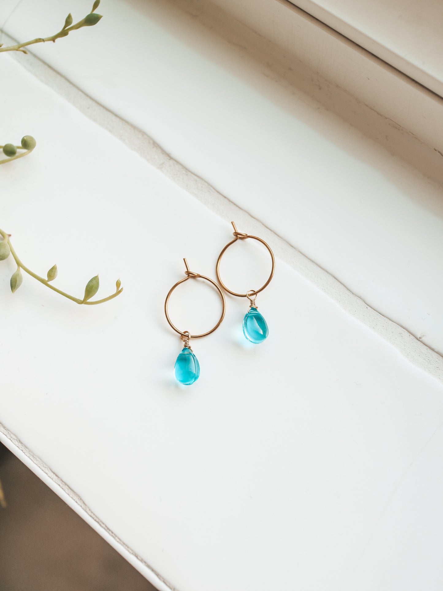 Blue Breeze Glass Teardrop Gold Hoop Earrings