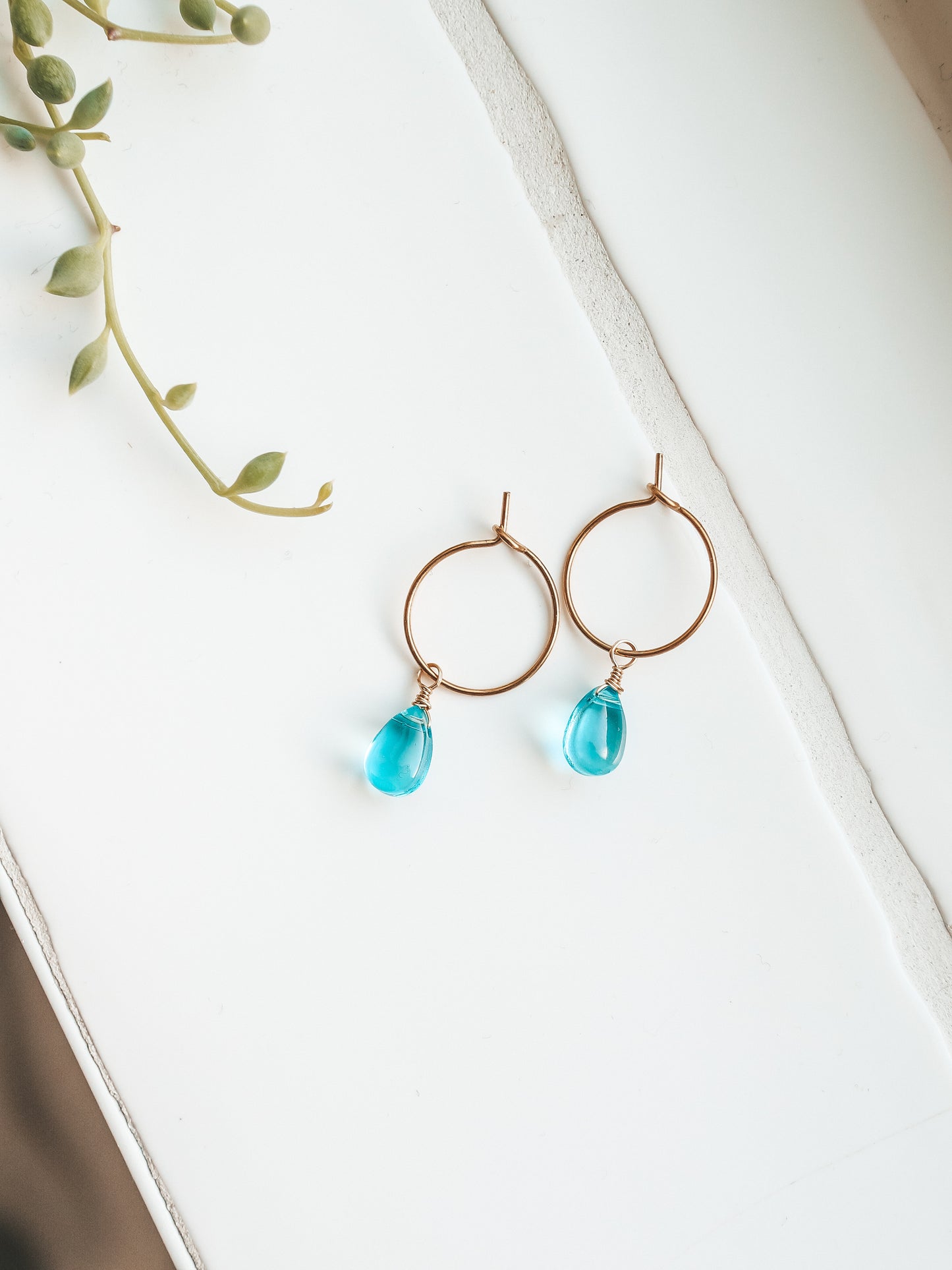 Blue Breeze Glass Teardrop Gold Hoop Earrings