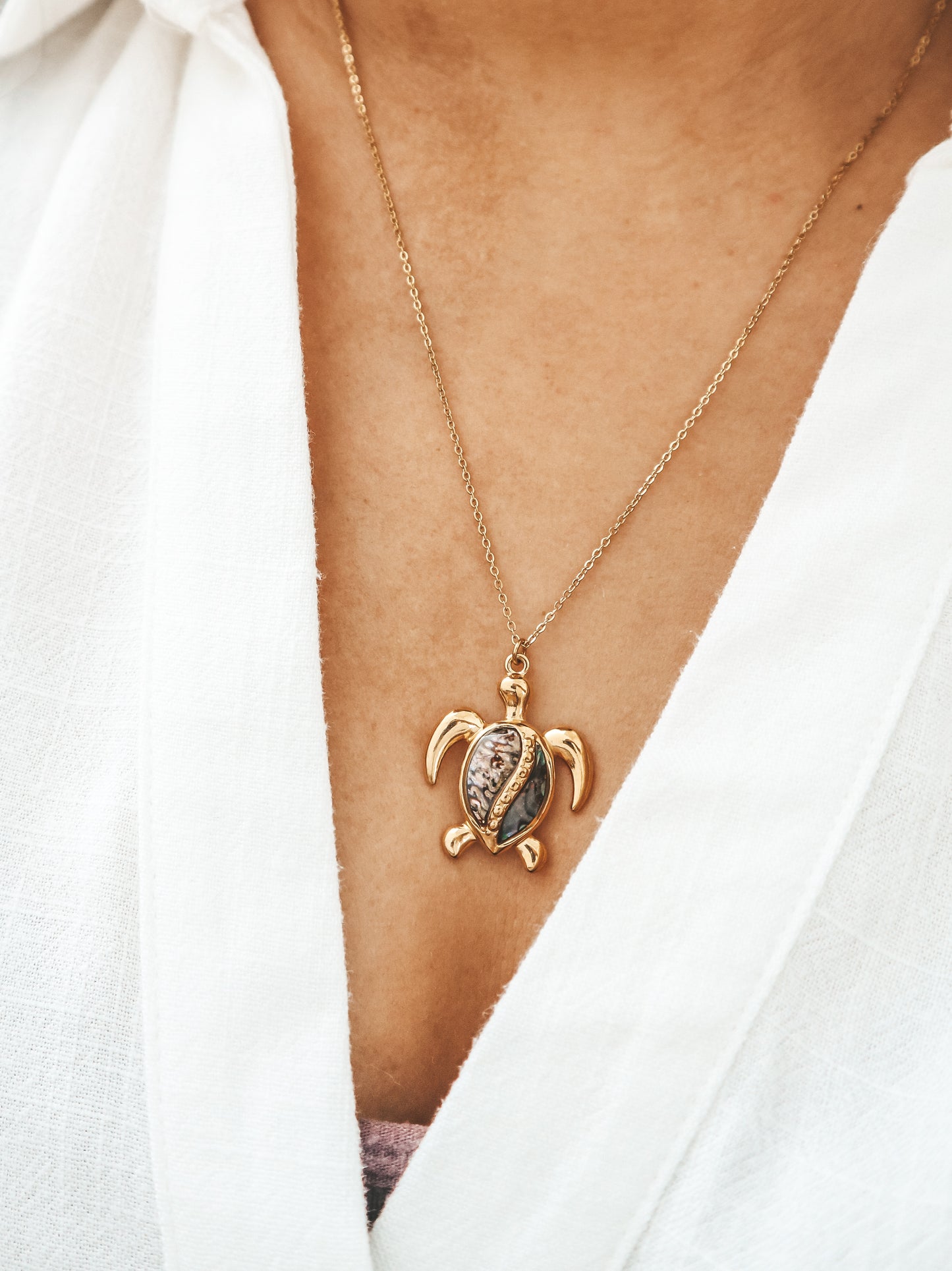 Sea Turtle Abalone Shell Gold Charm Necklace