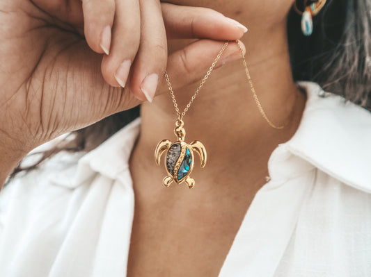 Sea Turtle Abalone Shell Gold Charm Necklace