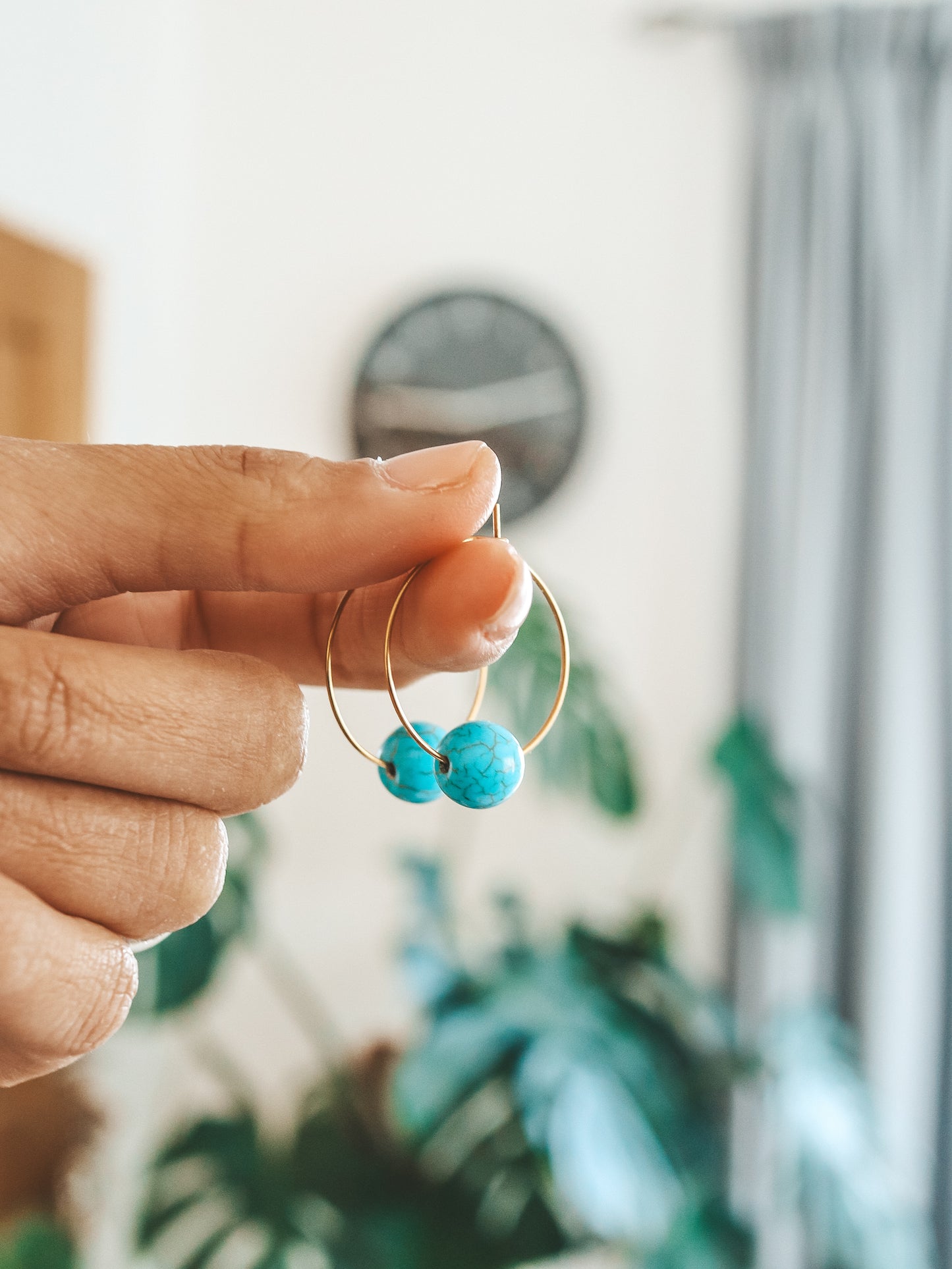 Blue Turquoise Gold Hoop Earrings