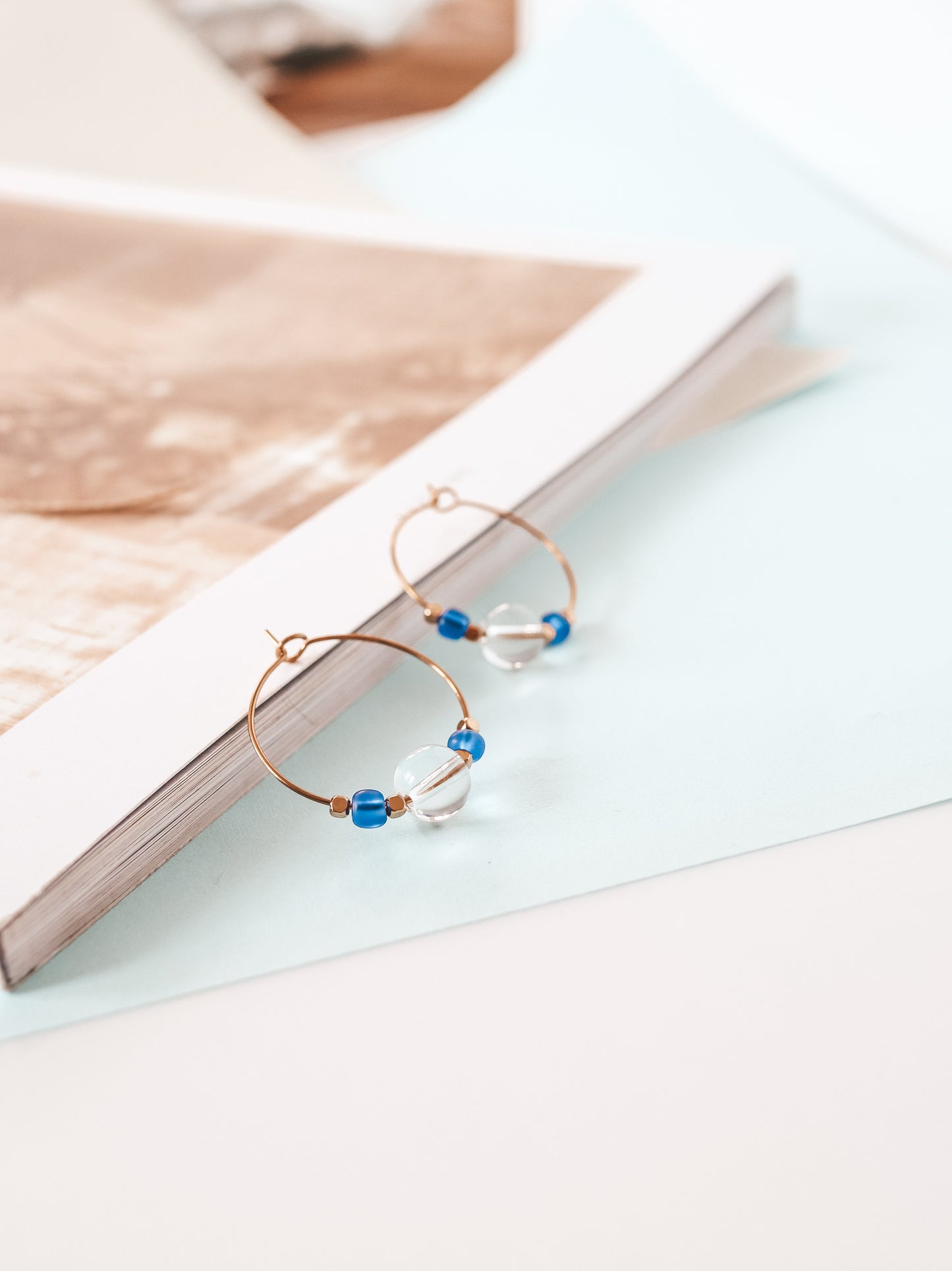 Clear Quartz Bead Gold Hoop Earrings