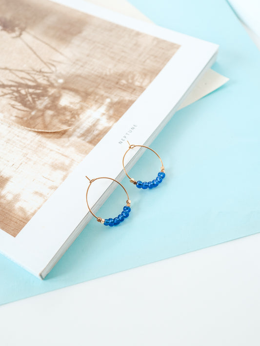 Blue Navy Beaded Gold Hoop Earrings