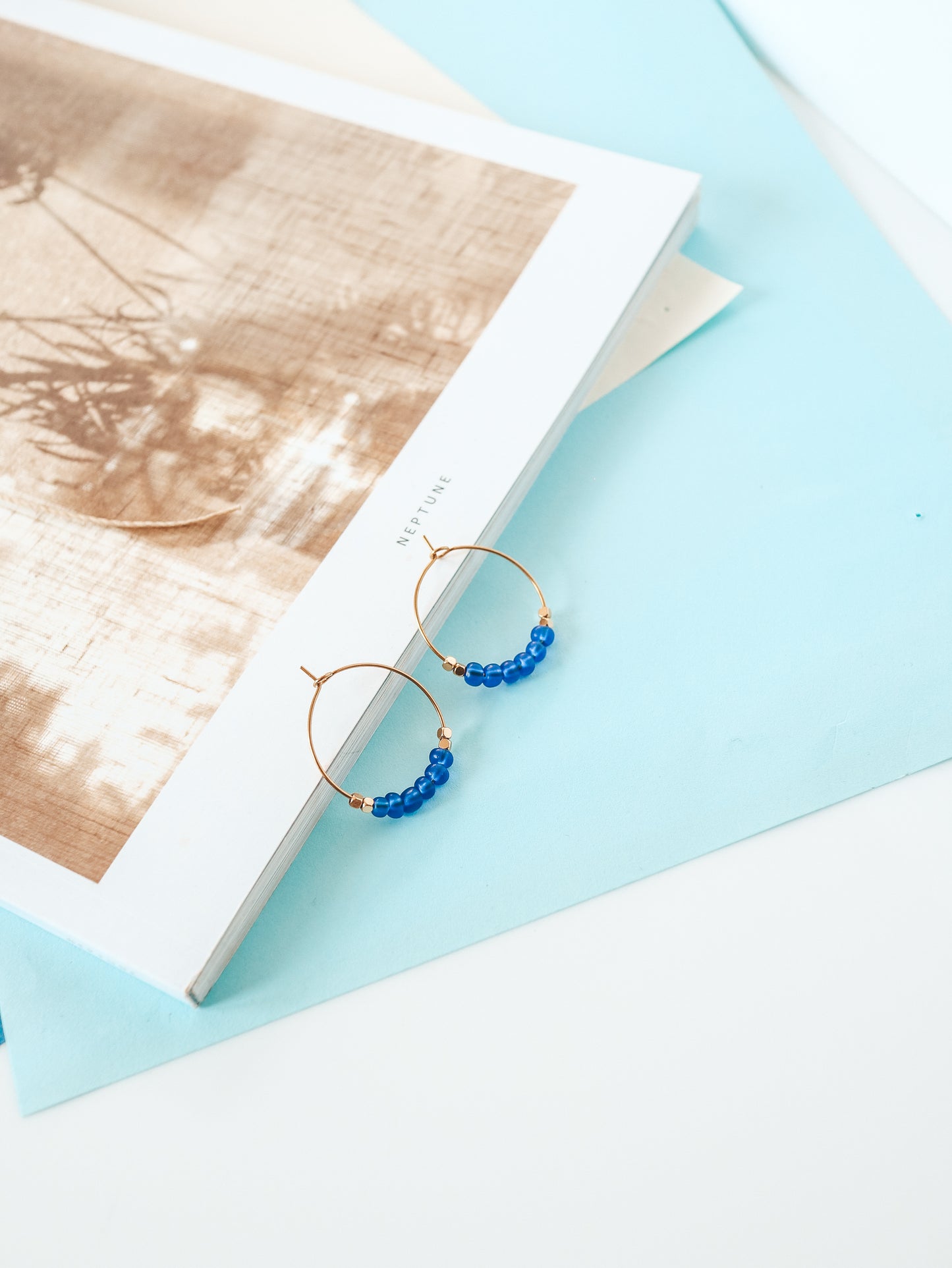 Blue Navy Beaded Gold Hoop Earrings