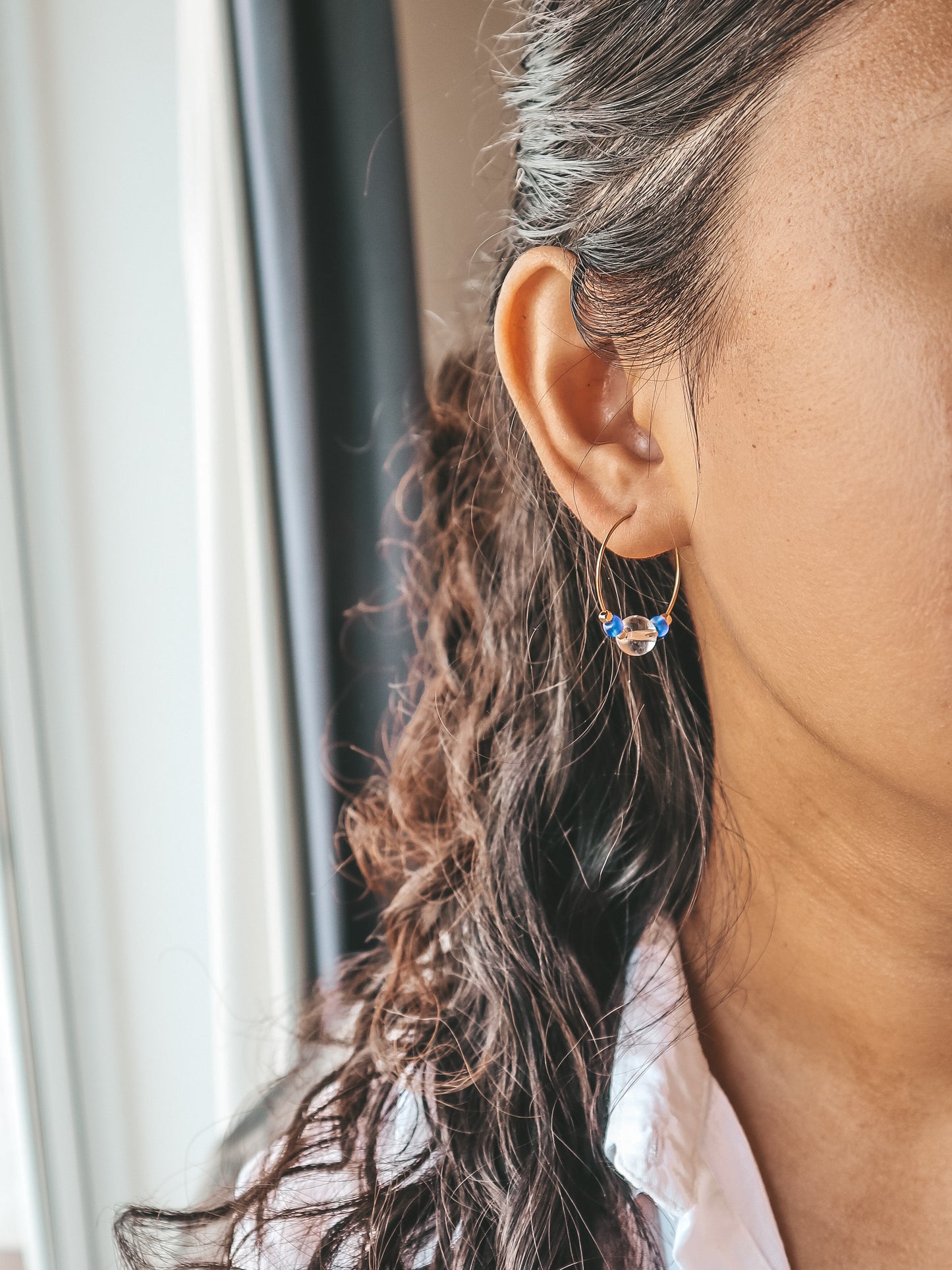 Clear Quartz Bead Gold Hoop Earrings
