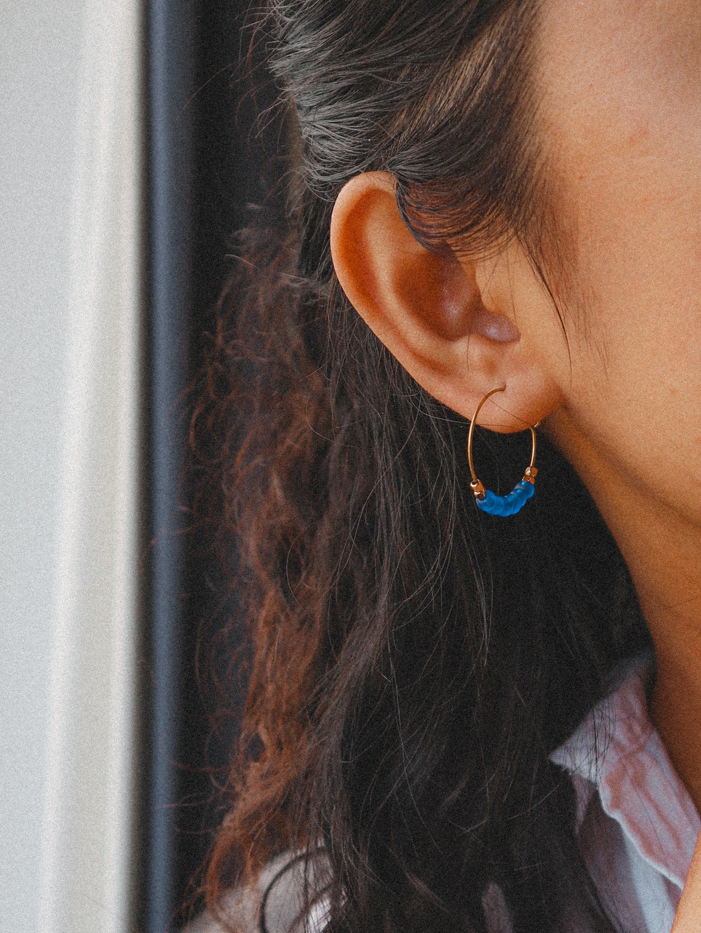 Blue Navy Beaded Gold Hoop Earrings