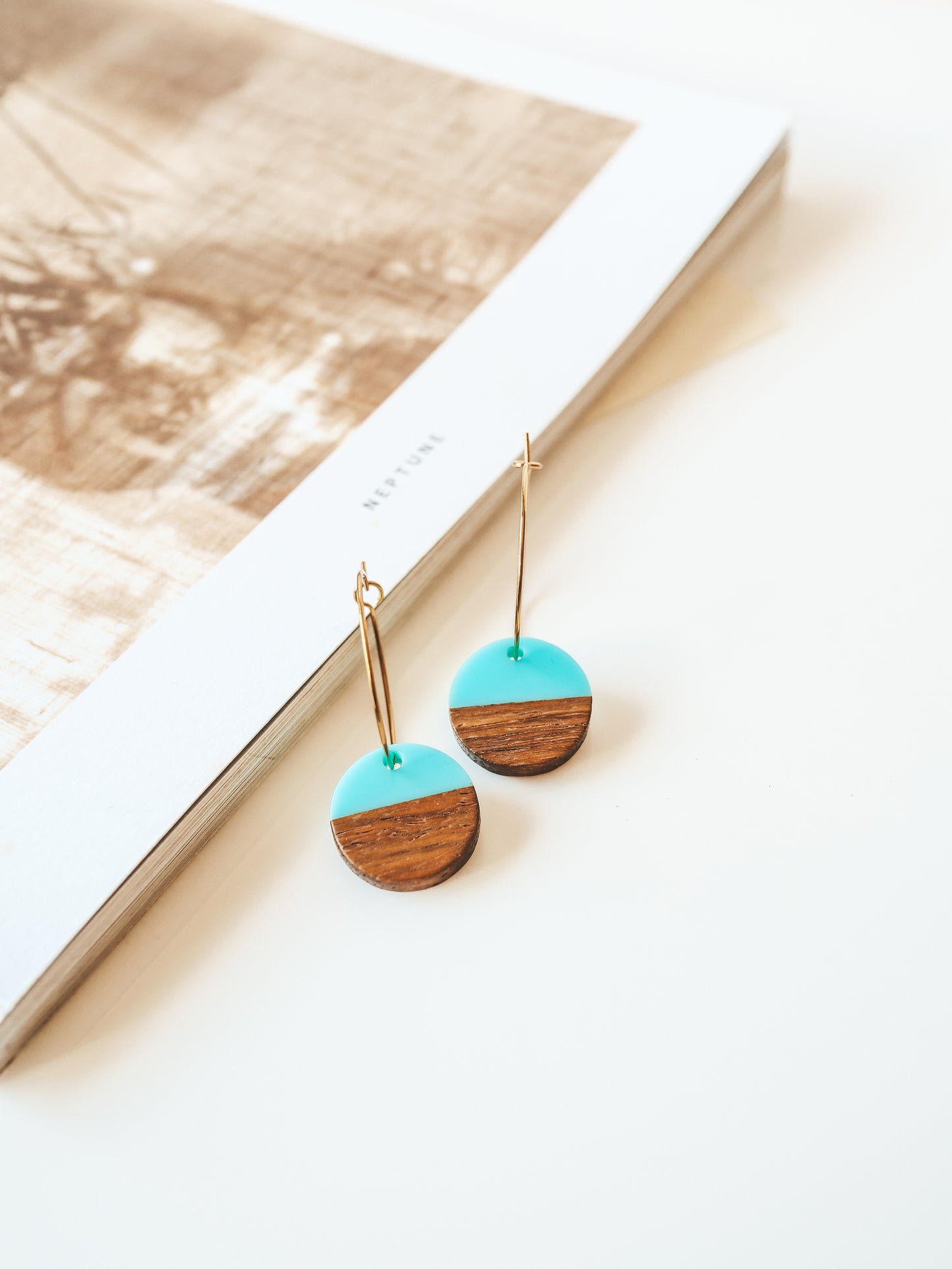 Natural Wood and Resin Gold Earrings