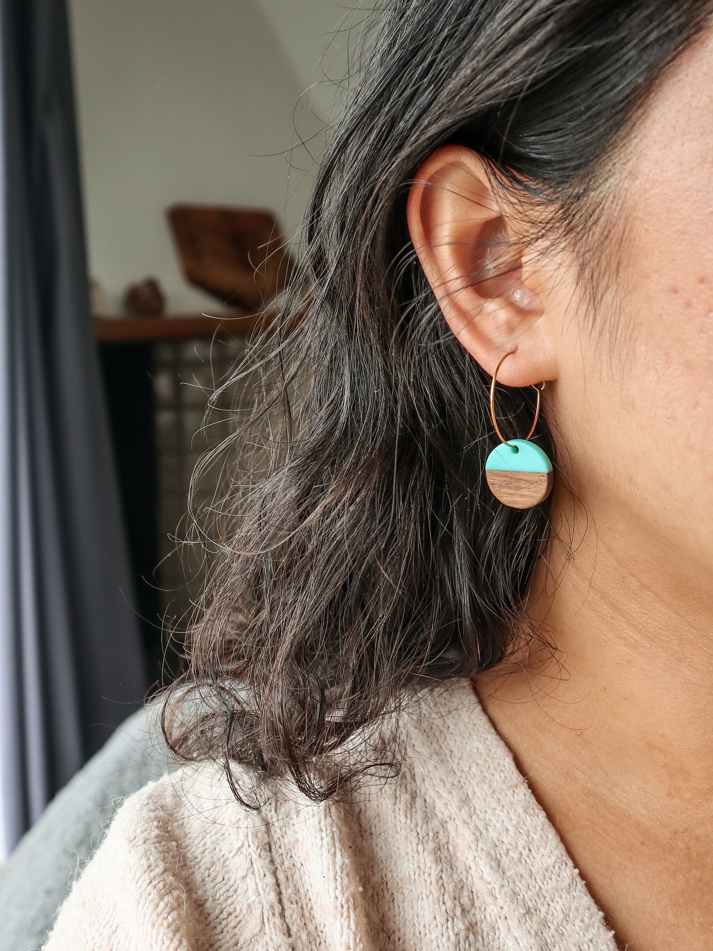 Natural Wood and Resin Gold Earrings