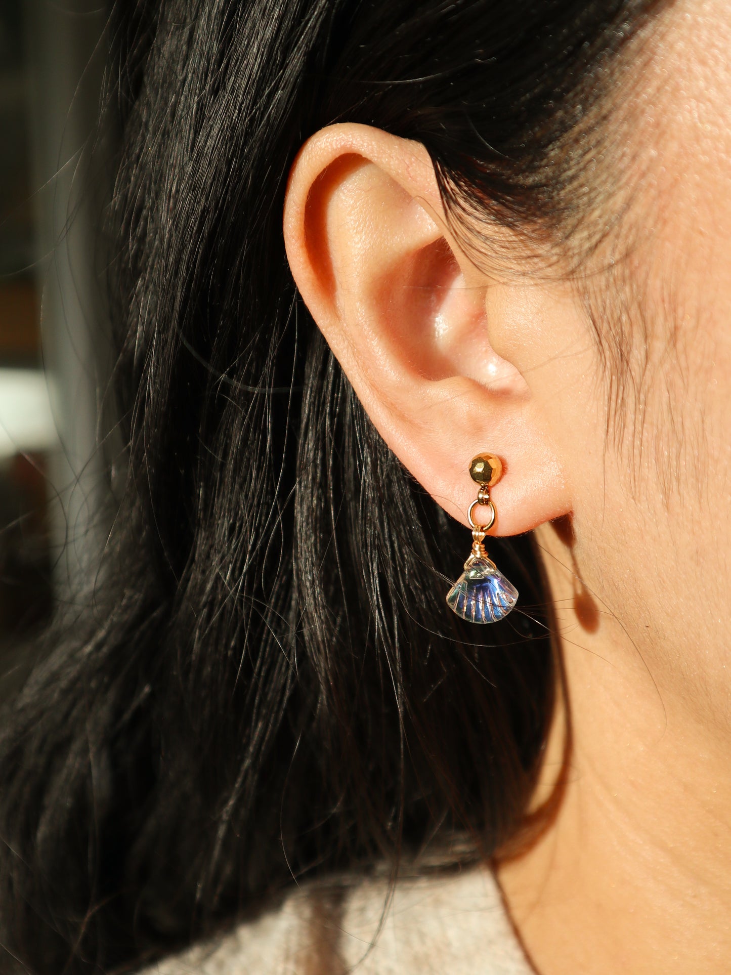 Gold Crystal Shell Drop Stud Earrings